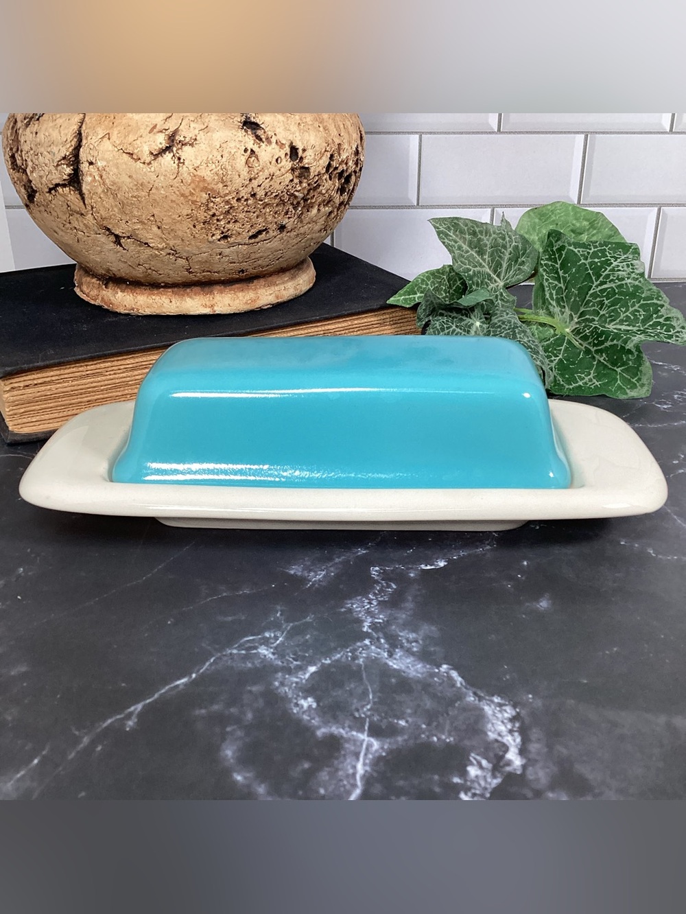 Vintage MCM Salem China North Star 1/4 Lb Covered Butter Dish, Blue/Teal & White